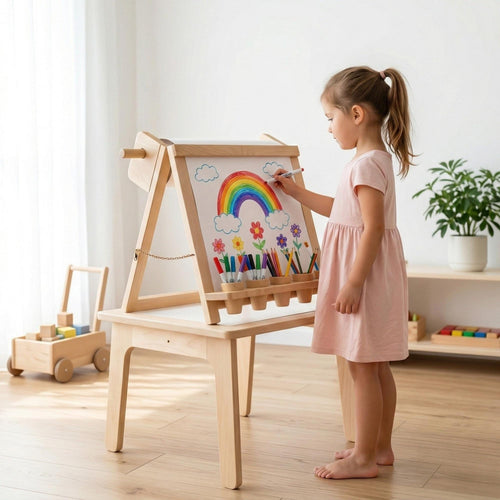 Drawing Board for Creative Children Designed as Montessori Art Easel with Supply Storage