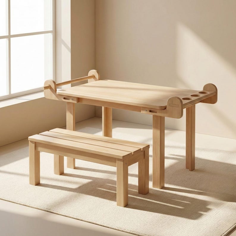 Montessori Learning Table with Bench, Child-Sized Art Furniture Set with Paper Holder