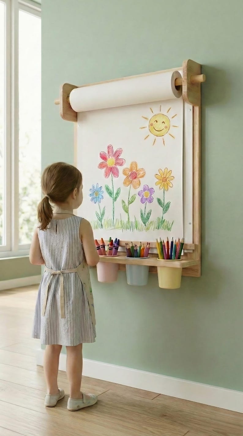 Drawing Board for Children with Storage Shelf and Paper Roll Dispenser