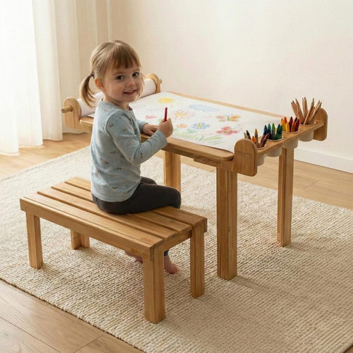 Montessori Learning Table with Bench, Child-Sized Art Furniture Set with Paper Holder