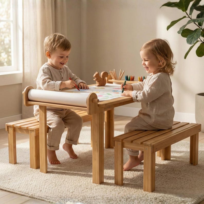 Montessori Learning Table with Bench, Child-Sized Art Furniture Set with Paper Holder
