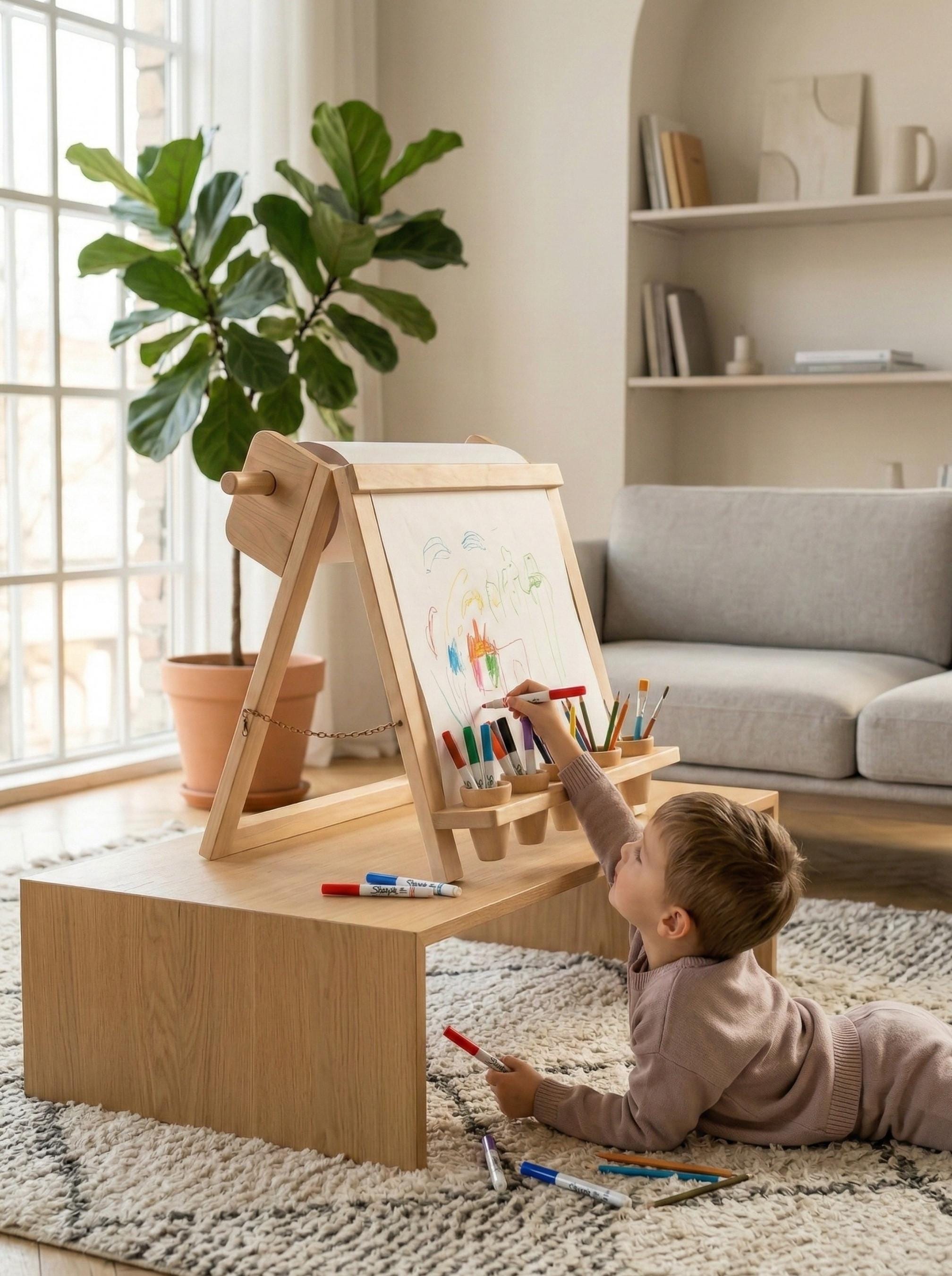 Drawing Board for Creative Children Designed as Montessori Art Easel with Supply Storage