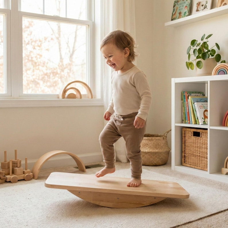 Wooden Montessori Balance Board to Improve Toddler Gross Motor Skills Through Active Play