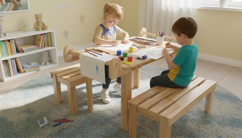 Montessori Learning Table with Bench, Child-Sized Art Furniture Set with Paper Holder