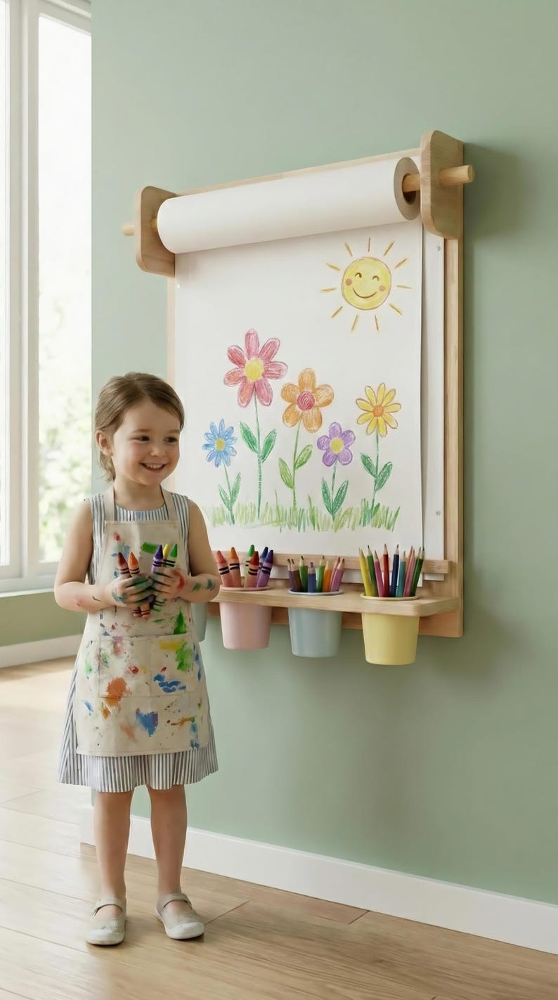 Drawing Board for Children with Storage Shelf and Paper Roll Dispenser