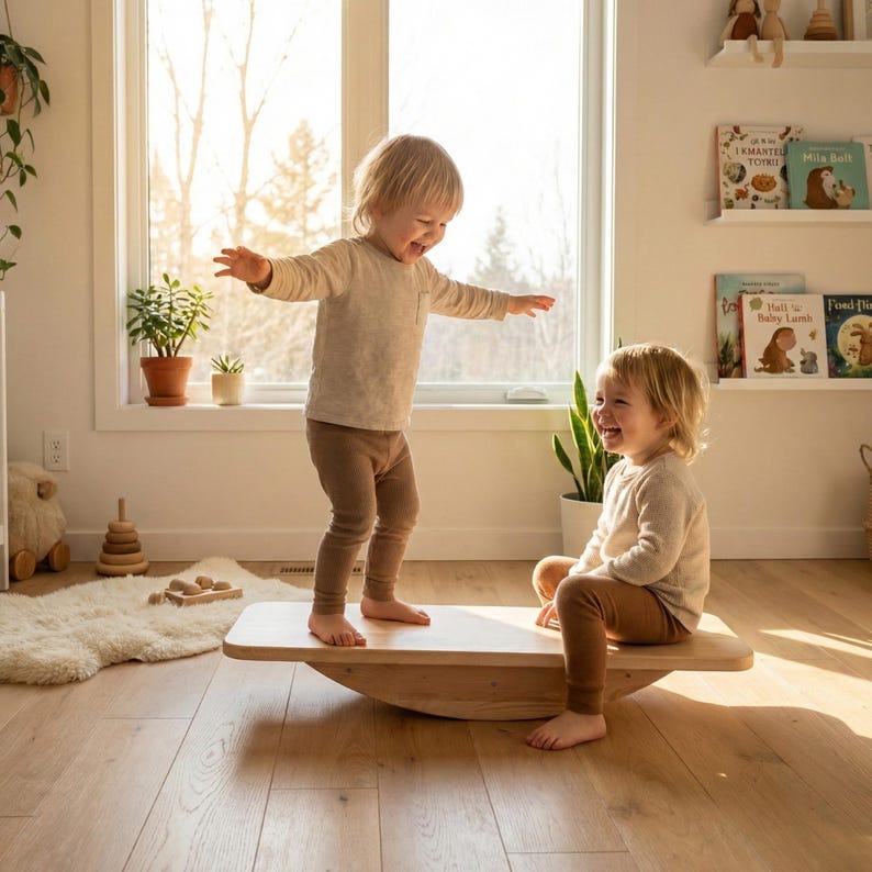 Wooden Montessori Balance Board to Improve Toddler Gross Motor Skills Through Active Play