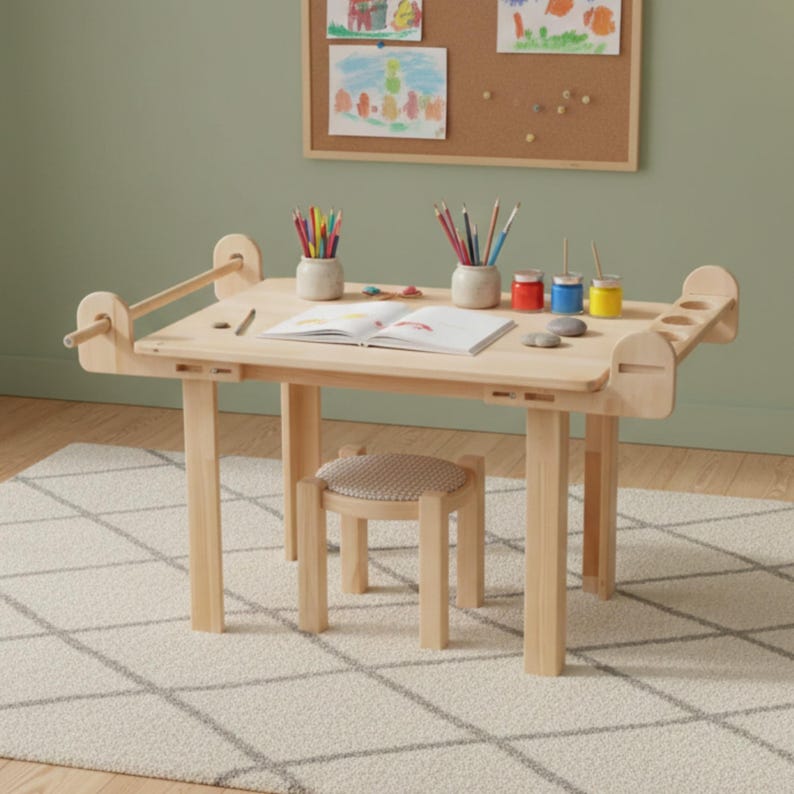 Montessori Learning Table with Bench, Child-Sized Art Furniture Set with Paper Holder