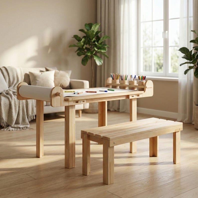 Montessori Learning Table with Bench, Child-Sized Art Furniture Set with Paper Holder
