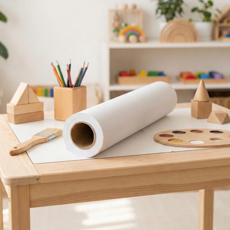 Montessori Learning Table with Bench, Child-Sized Art Furniture Set with Paper Holder