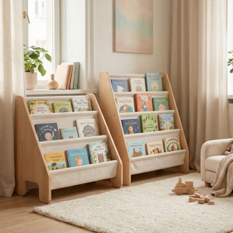 Montessori Style Wooden Book Rack with Front-Facing Display in 2 Sizes