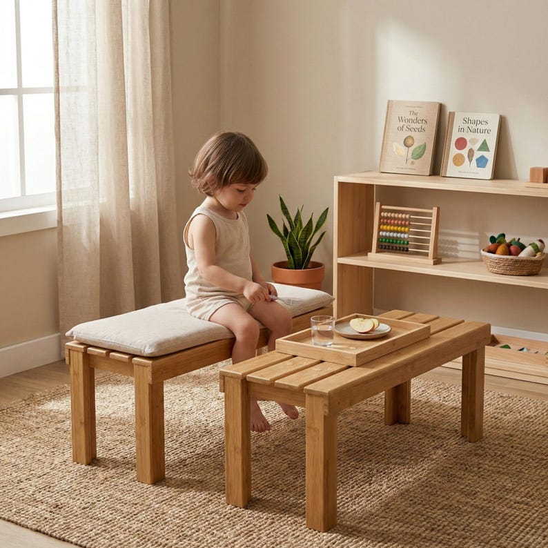 Montessori Learning Table with Bench, Child-Sized Art Furniture Set with Paper Holder