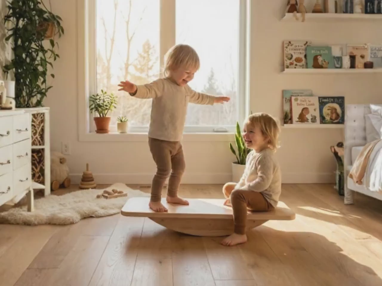 Wooden Montessori Balance Board to Improve Toddler Gross Motor Skills Through Active Play